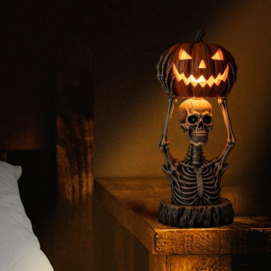 Halloween Pumpkin Light Resin Skeleton Ghost Witch Pumpkin Lantern Gothic Curved Pumpkin Night Light for Home Tabletop Desk Decor