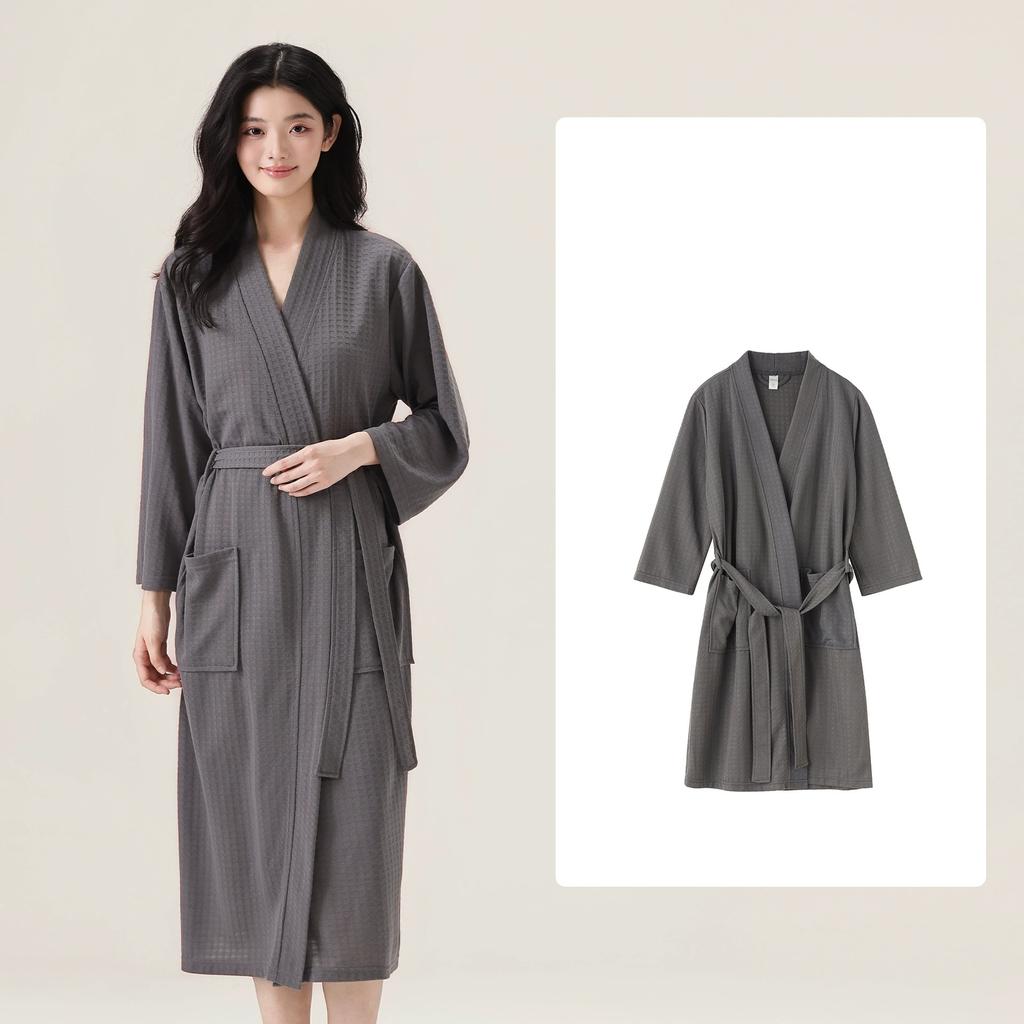 Waffle Transparent Bathrobe Men Women Summer Thin Robe Shower Plaid Dressing Gown Knee Length Breathable Nightgown Home Cloth