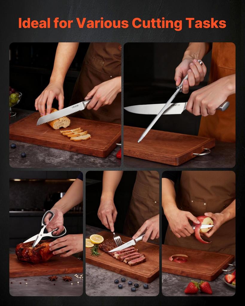 Kitchen Knife Set with Block and Sharpener, 15 Piece German High Carbon Stainless Steel Sharp Knife Set, Kitchen Cutlery with Ergonomic Handle,