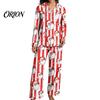 Breathable Pajamas 2Pcs/Set Women Christmas Pajama Set, Long Sleeve Button Down Shirt Soft Loungewear Gift Wide Leg Pants Cute Xmas Print Sleepwear
