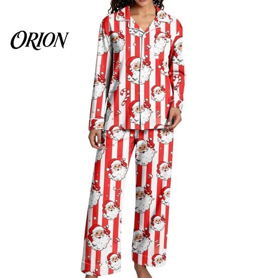 Breathable Pajamas 2Pcs/Set Women Christmas Pajama Set, Long Sleeve Button Down Shirt Soft Loungewear Gift Wide Leg Pants Cute Xmas Print Sleepwear