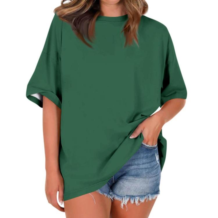 Women Casual Loose T Shirt Round Neck Short Sleeve Falling Shoulder Solid Color Top Ladies Fashion Blouse