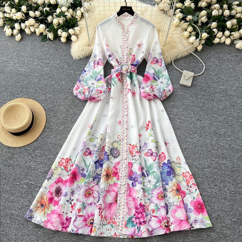 

2025 New Niche Palace Style French style Formal Dress Waist Hugging Slimming Lantern Sleeve Single-Breasted Long Print Dress White XL