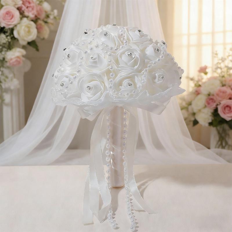 Elegant Pearls Ribbon Bridal Flower Bouquet with Rhinstones Studs for Bride and Bridesmaid Special Occasion Photo Props