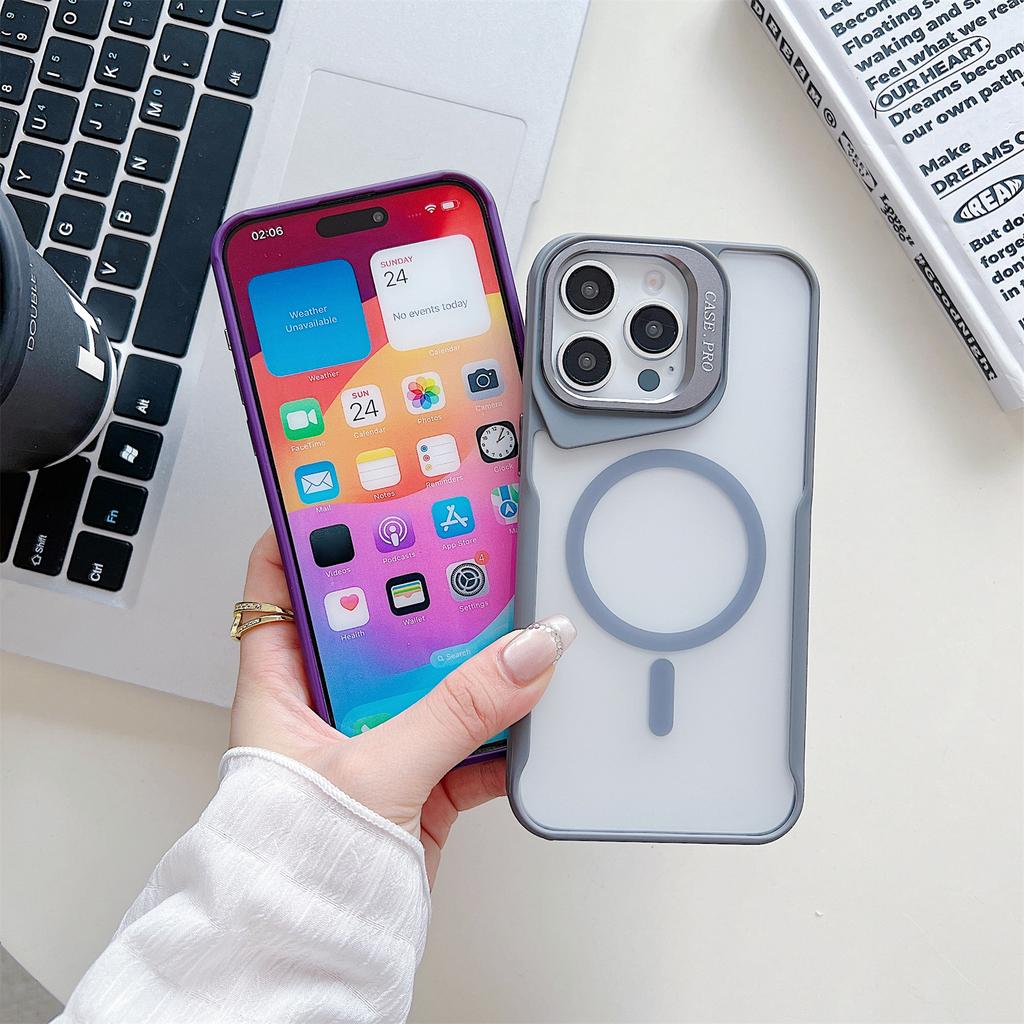 For iPhone 14 Pro Max Case Compatible with MagSafe Lens Frame Kickstand PC+TPU Phone Cover