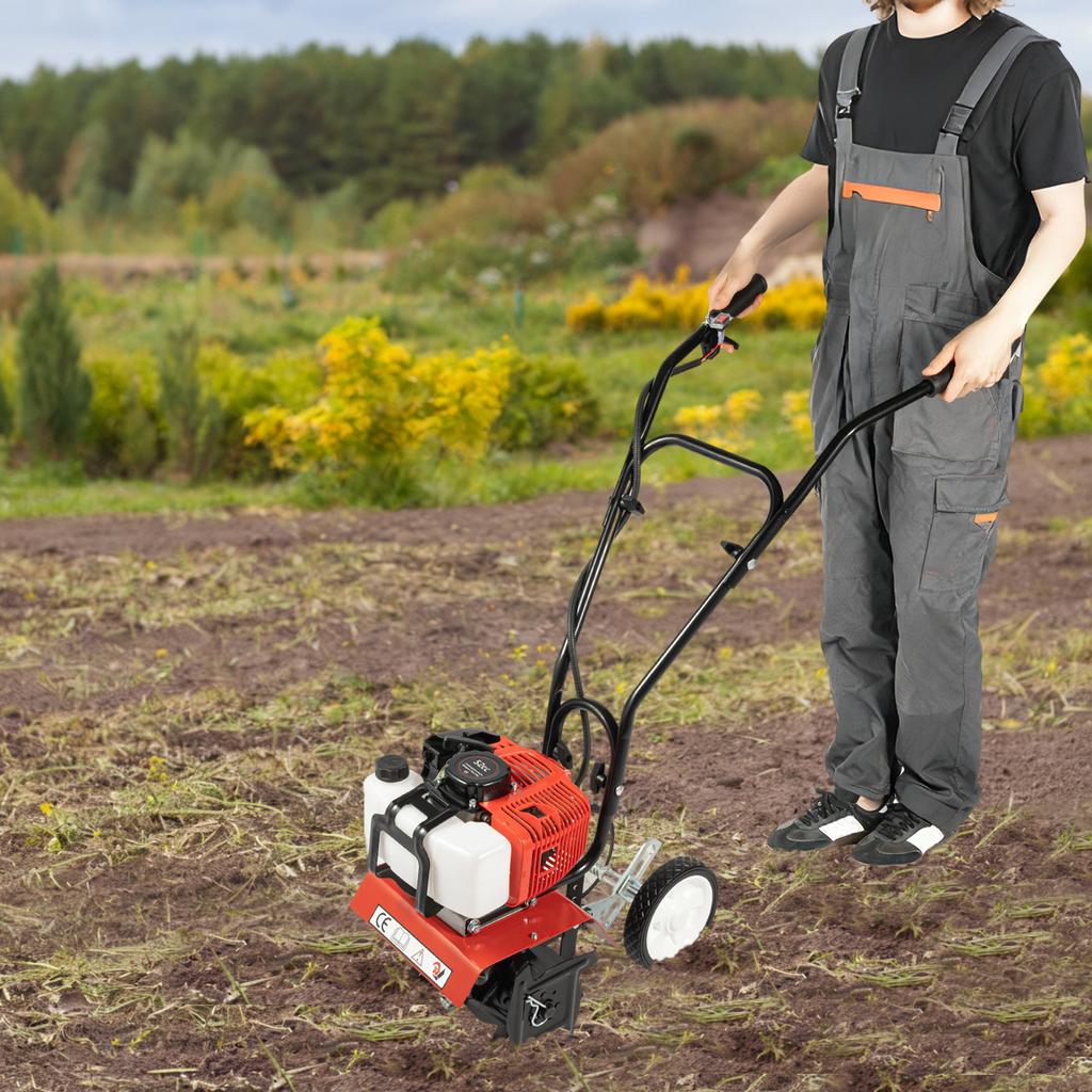 52CC Gas Powered Garden Tiller 2-Stroke Air-Cooled Hand Rotary Cultivator Rototiller for Trenching, Turning Soil, Loosening