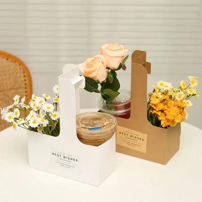 Foldable Flower Packaging Boxs Thickening White Kraft Paper Hand-held Flower Box Milk Tea Coffee Takeaway Hand-held Cup Holder