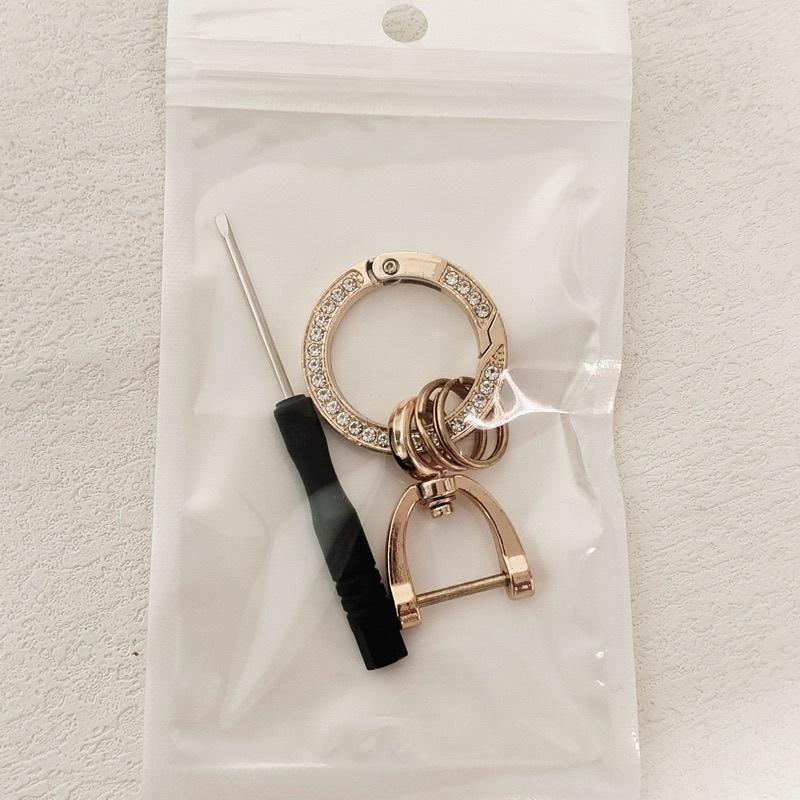 Rhinestone Circle Car Keychain with Gold Edge, Rope, Metal Keyring Pendant for Hyundai – Waist Hanging Household Hardware Buckle