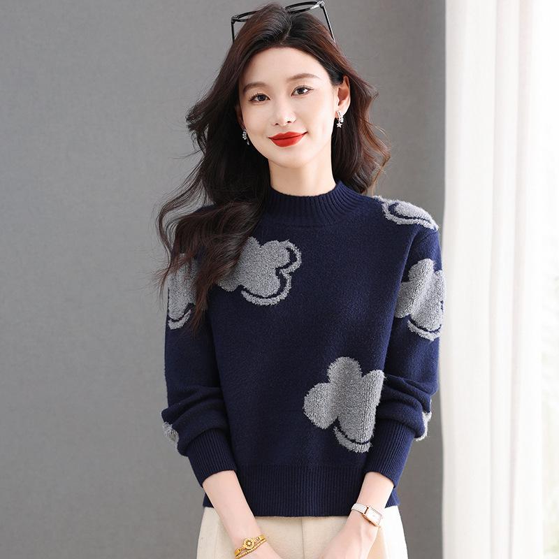 2025 Women's Colorblock Cashmere Wool Sweater: Round Neck, Jacquard Knit, Loose Fit, Versatile and Soft.