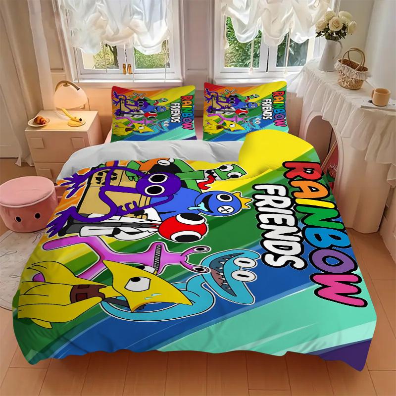 Colorful Rainbow Friends Characters Print 3Pcs Bedding Set,Duvet Cover with 2 Bedro,Pillowcase Home Birthday Gift