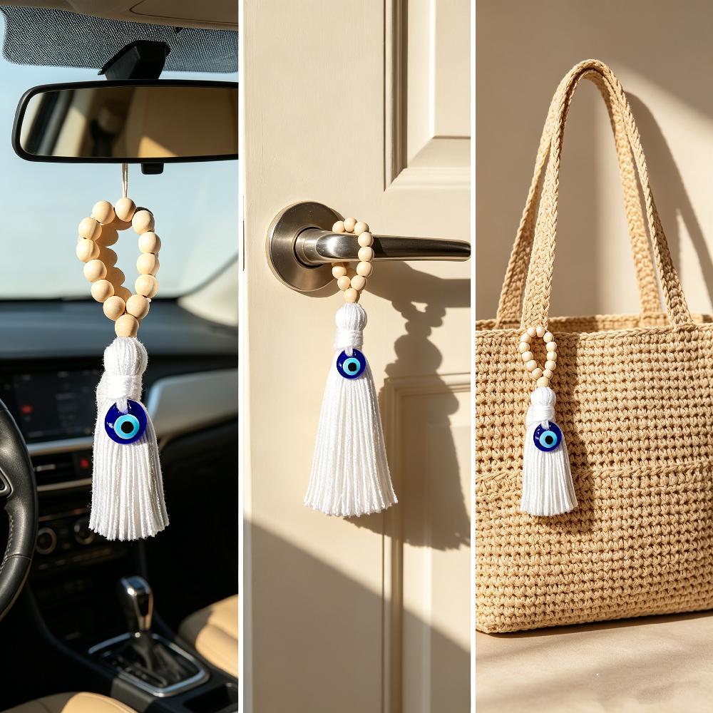 Handmade Boho Evil Eye Hanging Ornament, Wood Bead Tassel Lucky Charm For Car Home Door Decor