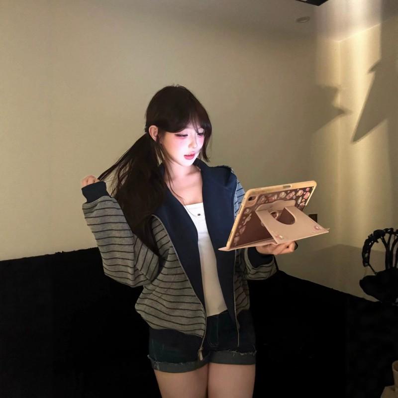 Womens Striped Color Block Zip Up Hoodie Loose Fit Casual Fall Sweatshirt