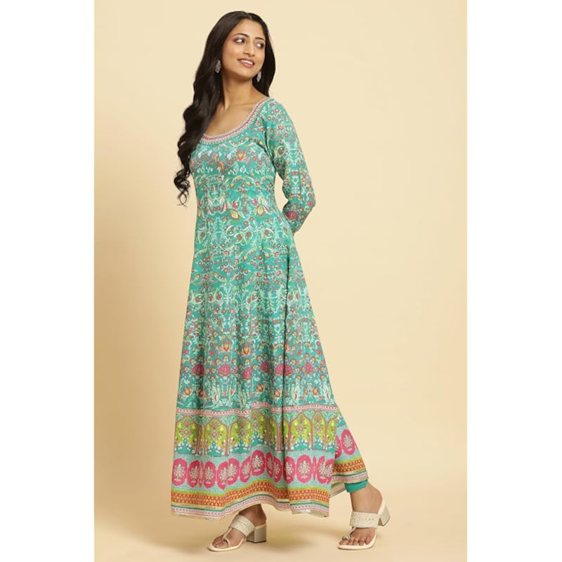 W Women's Green Floral Printed Kurta Dupatta Bottomwear with Thread Work
