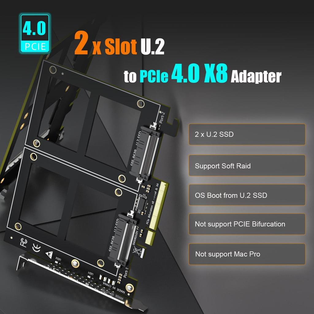 GLOTRENDS PU21 Dual U.2 PCIe Adapter, PCIe 4.0 x8 Interface, PCIe Splitter Function Not Supported, Supports U.2 SSD Software RAID