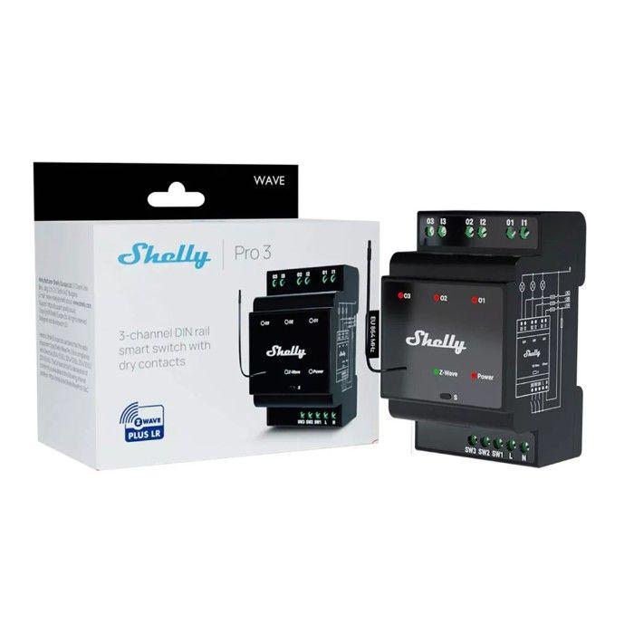 Module Contrôleur Shelly Wave Pro 3 LR Rail DIN avec 3 Relais Z-Wave +LR 110/240V CA 3x16A