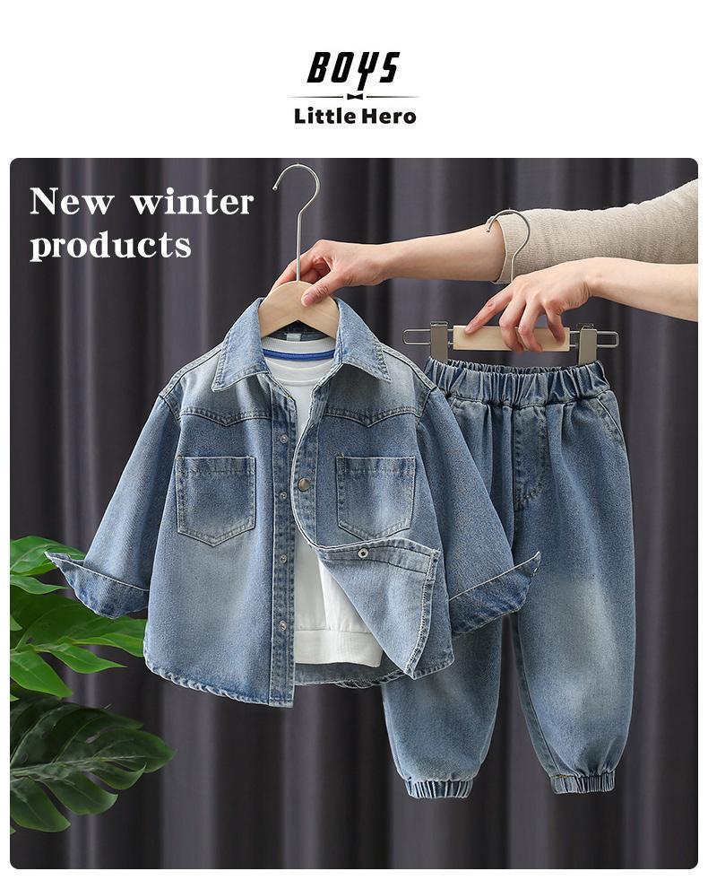 Boys' Denim Shirt & Jacket Set - Trendy Spring/Autumn Outfit for Toddlers - Stylish Internet Celebrity Two-Piece Ensemble
