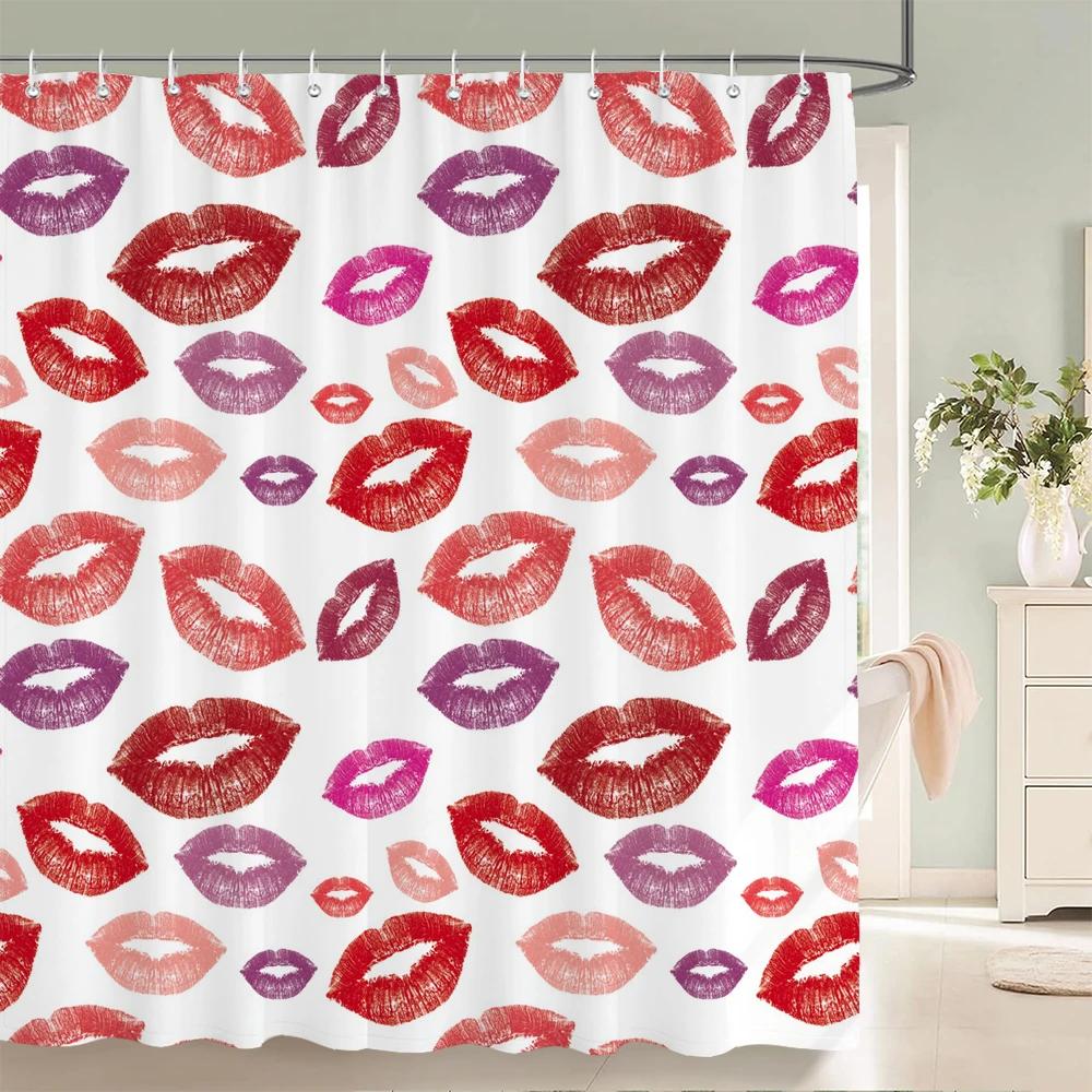 Love Red Lip Printed Fabric Bathroom Shower Curtain Waterproof Pink Love Bath Curtains Valentine'S Day Home Decoration Curtain