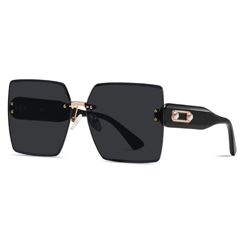 Trendy Rimless Sunglasses Women Fashion Oversized Square Sun Glasses Elegant Pearl Black Shades for Outdoor Travel