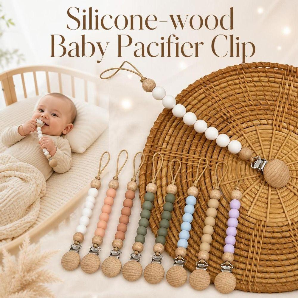 Lightweight Pacifier Clip Silicone Wood Soother Holder Baby Teething Chain StrollerMinimalist