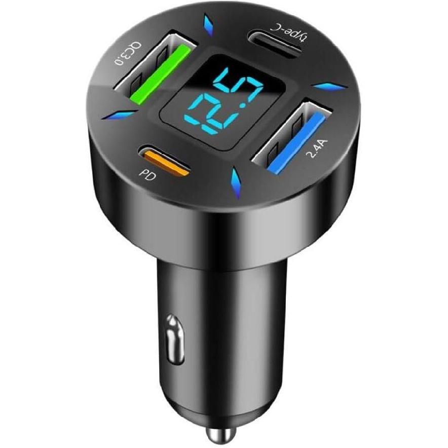 66W Car Charger - 4-Port USB Charger, 2 * USB 2.4A + PD + Type C Cigarette Lighter Adapter, Voltage Meter Compatible with Samsung, iPhone and Other