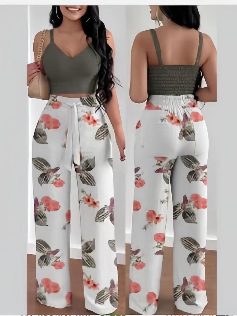 T9006 European & American Spring/Summer Fashion Print Camisole & Drawstring Long Pants Set
