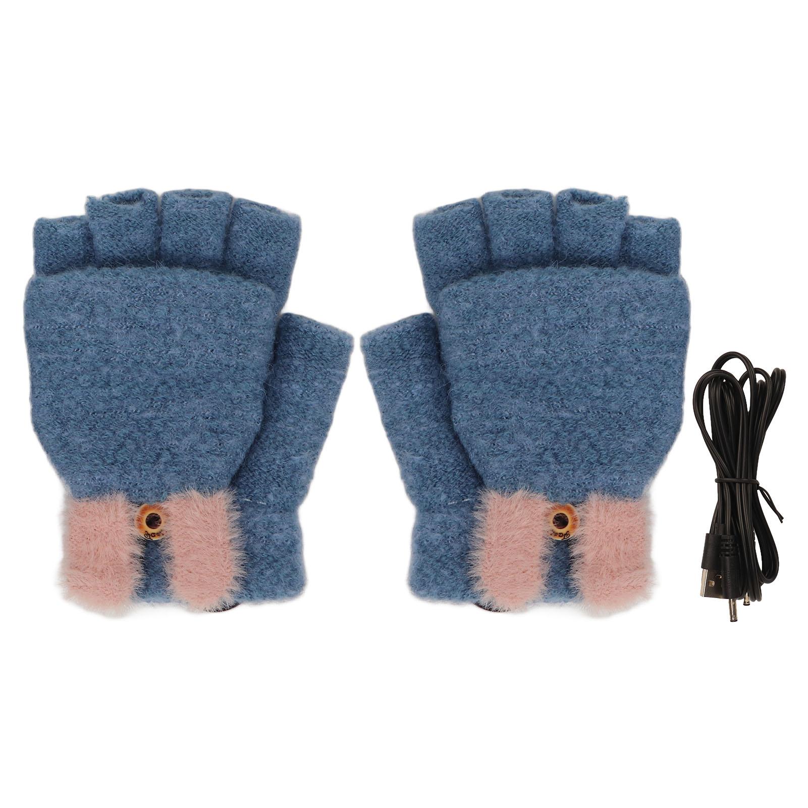 

5V Heating Mittens USB Power Supply with Folding Finger Cover Cute Knit Electric Heated Gloves for Winter Riding