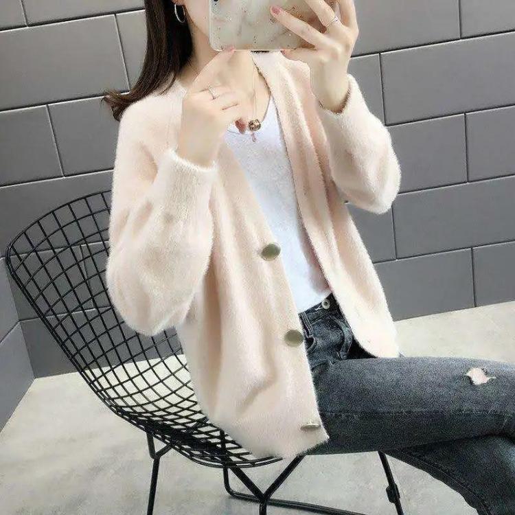 Casaco Cardigan Feminino Curto Solto Primavera Outono Cor Sólida Lã Sintética de Vison Tricotado Botão Suéter