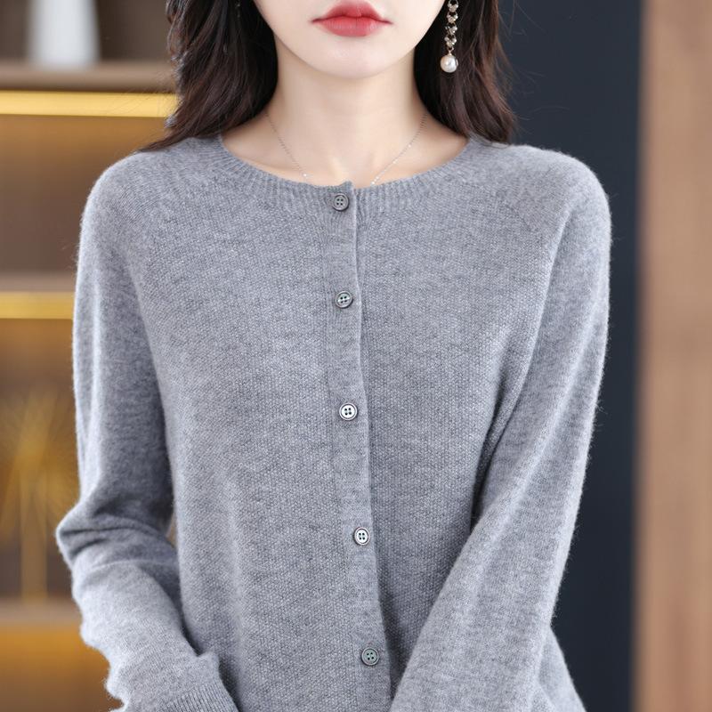 Damen S Rundhals Gestrickter Cardigan Langarm Herbst Oberbekleidung