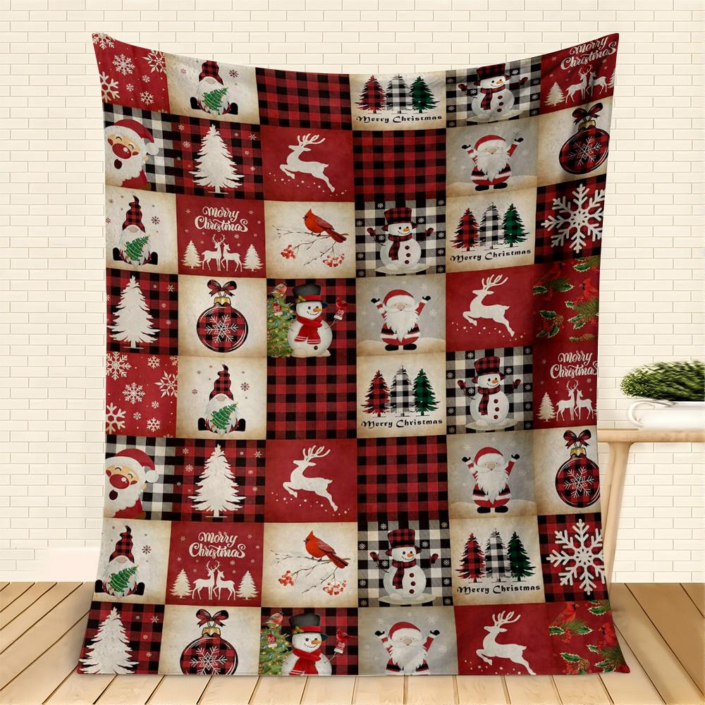 Cozy Festive Christmas Blanket Vintage-Inspired Wreath, Snowman, Reindeer, and Gift Grid Printed Soft Flannel Throw with Warm