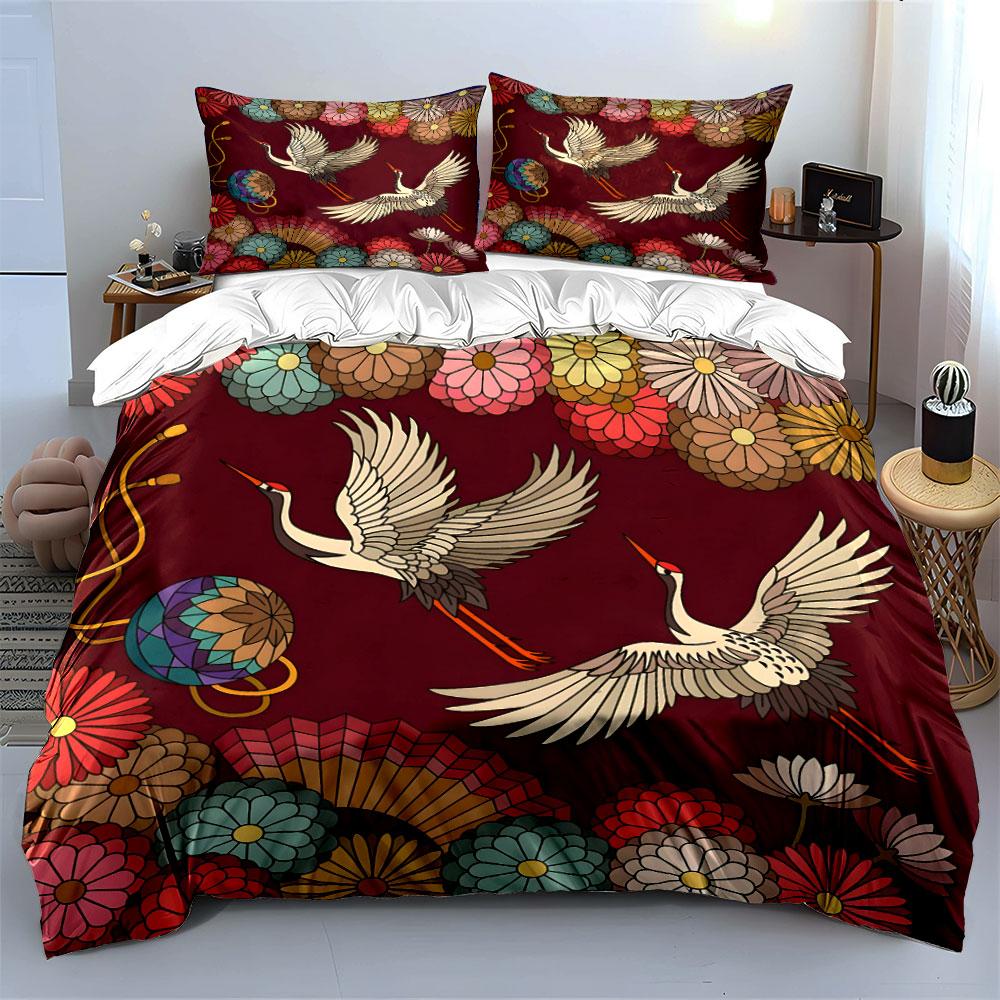 Floral Crane Pattern Decor Set Multiple Sizes Kid'S And Adults' Bedroom Exquisite 3Pc Bedding Set, Gift