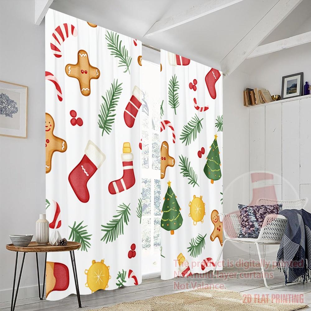 2pcs,2D Plane Printing Popular Curtain Panels Christmas Cookie Tree Stocking Garland (2) Versatile 100% Polyester (without Rod)