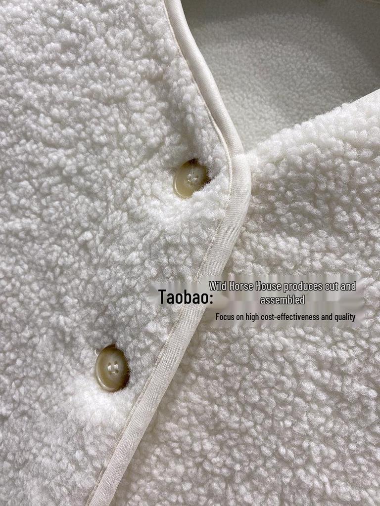 Japanese Designer Women's Imitation Lambswool Fleece Cardigan - Trendy Round Neck Warm Outerwear.