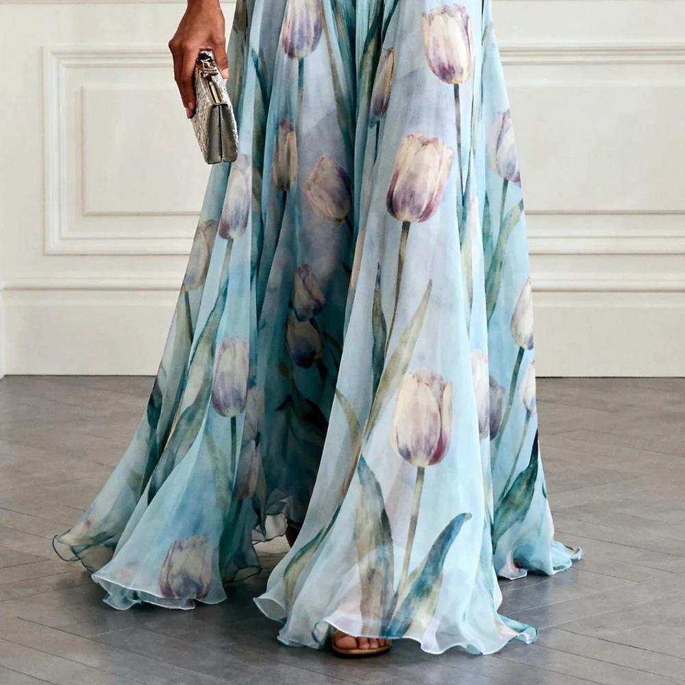European Blue Tulip Print Sleeveless V-Neck Chiffon Long Gown - Elegant and Flowy Formal Dress for 2026 Banquets