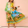 Spring 2026 European & American Women's Fashion: Belted Waist-Cinching Printed Lantern Sleeve Long Dress