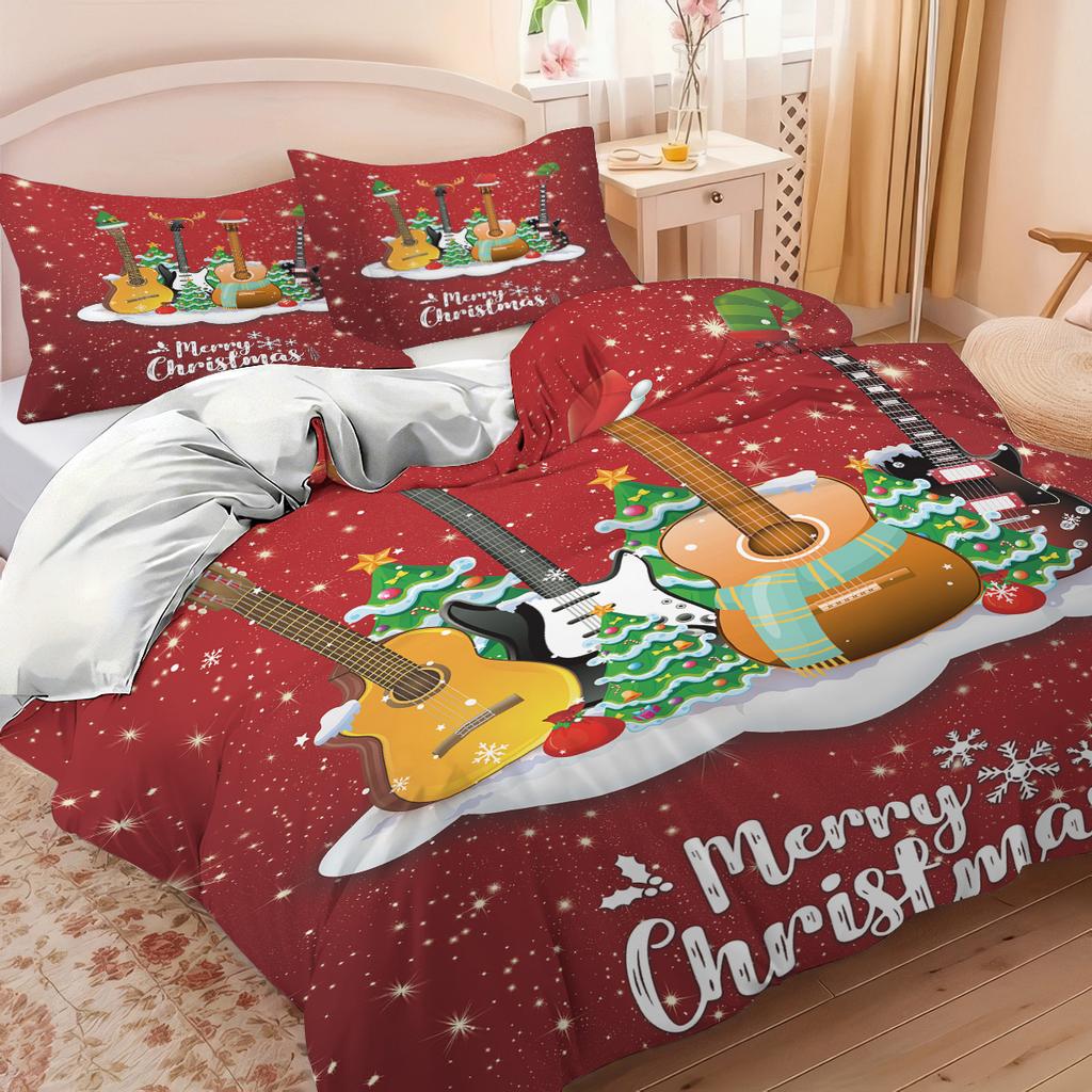 3pc Christmas Music Guitar Print Red Chipless Bedding Set Soft and Comfortable Bedroom Dormitory Multiple Sizes Machine Washable