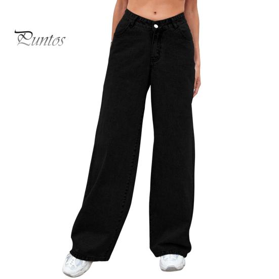 Gerade Schlagjeans für Damen, hohe Taille, Knopfverschluss, Hose mit Reißverschluss, einfarbige Jeanshose mit Taschen für den Alltag, Schulweg