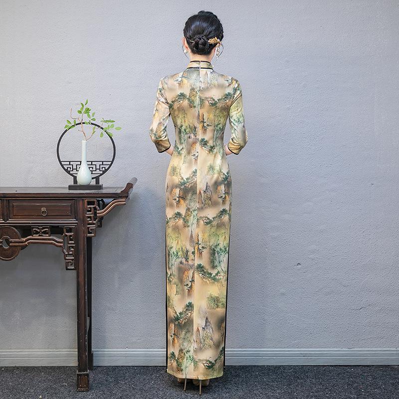 Guofeng improved cheongsam dress, new dignified catwalk Hanfu seven-quarter-sleeved long slim-fitting performance clothes