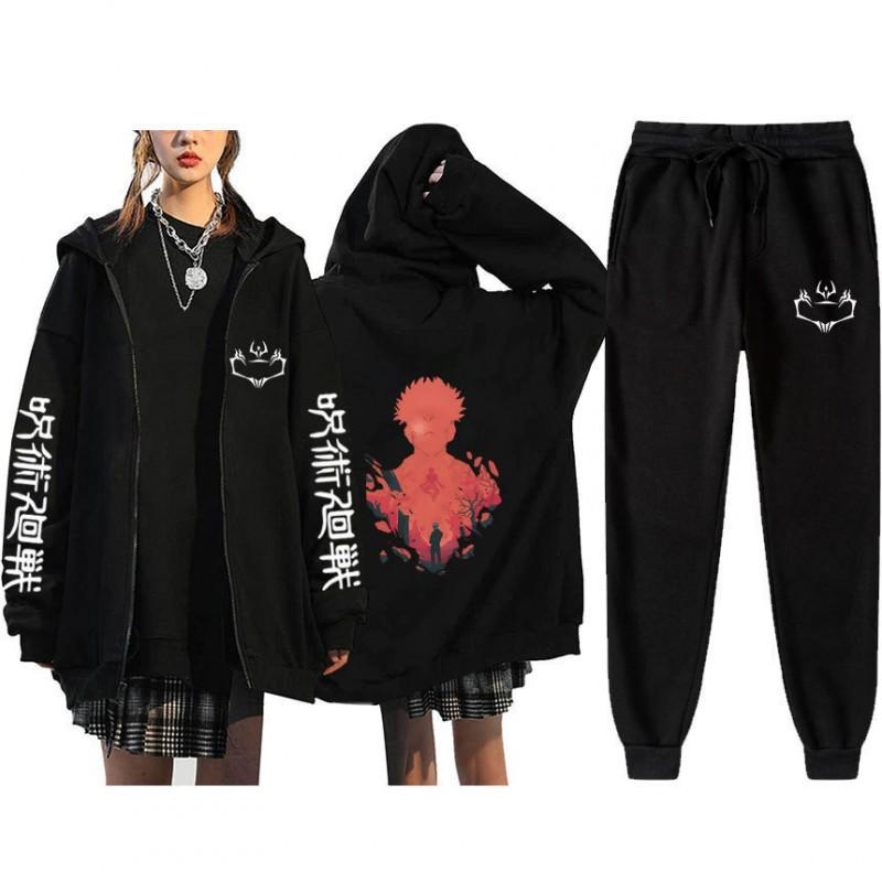 Unisex Winter Casual Sport Set With Anime Print Hooded Zip-Up Sweatshirt Jogger Pants Cotton Blend