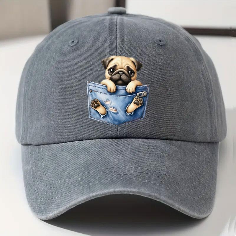 A Cute Dog Pattern Design Adjustable Vintage Washed Baseball Cap, Suitable for Street Outdoor Fashion for Both Men and Women
