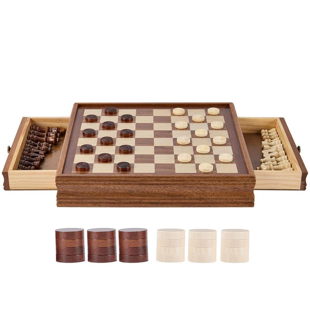 Solid Wood Chess Set, 15 Inch 2-IN-1 Chess Checkers Game Set, Chess Board Games with Storage Drawer & Weighted Chess Checkers Pieces & 2 Queens, for