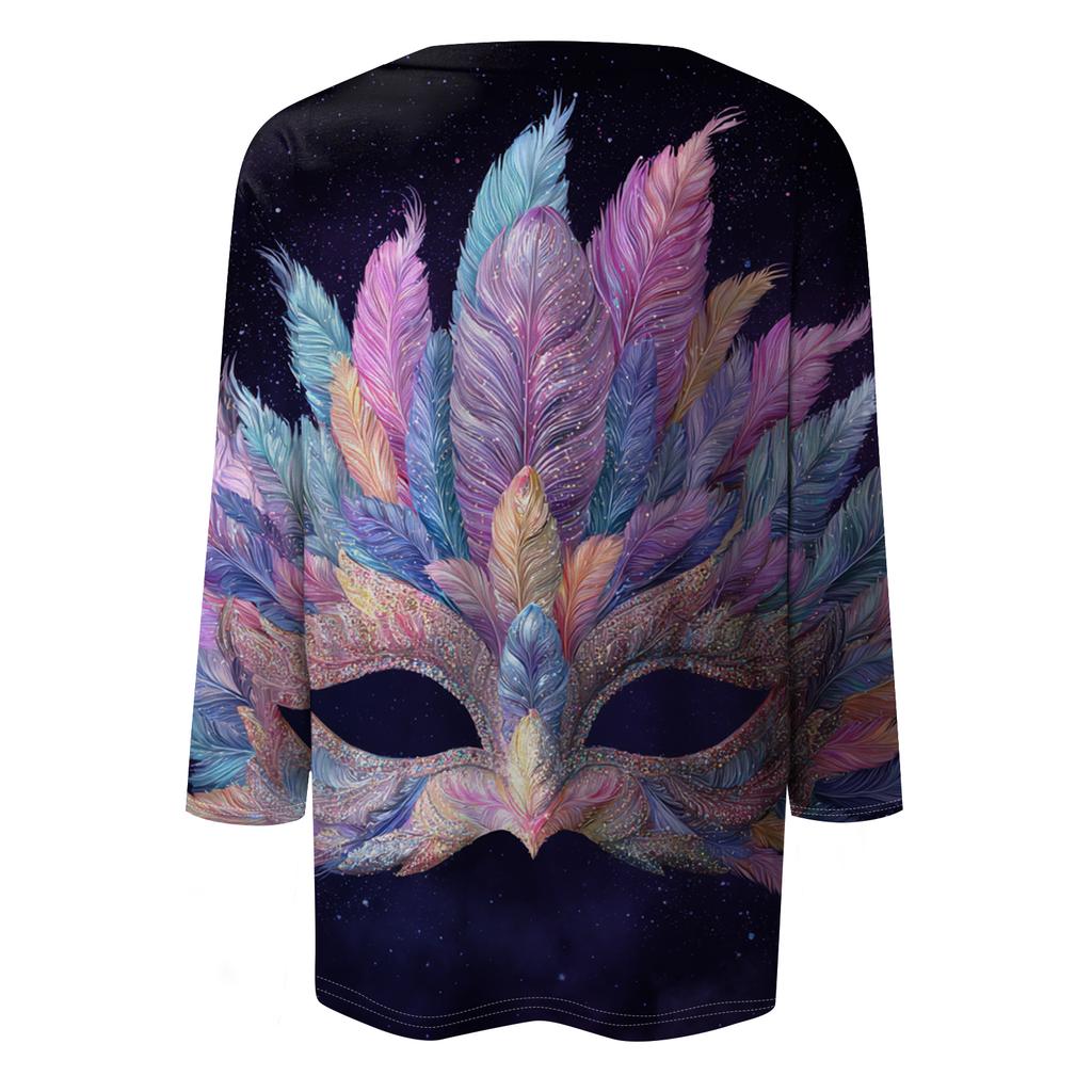 Dámské módní ležérní tričko s kulatým výstřihem a tříčtvrtečním rukávem s potiskem karnevalu