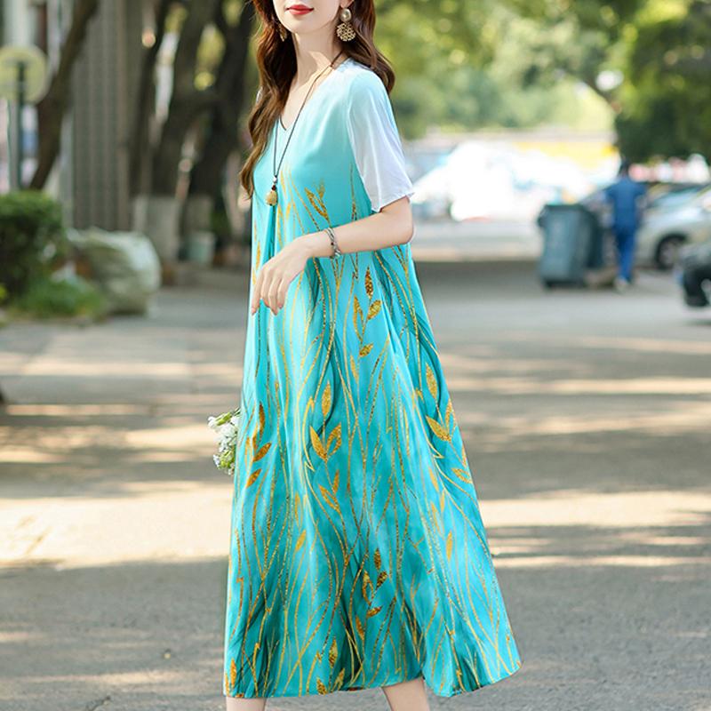 

Елегантна літня сукня жіноча вінтажний одяг великих розмірів повсякденна вільна з коротким рукавом довгі сукні 5XL