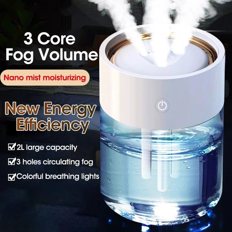 2L Air Humidifier For Home USB Large Capacity 3 Nozzle Heavy Fog Air Purifier With LED Lamp Ultrasonic Essenti OIL Diffus Aroma