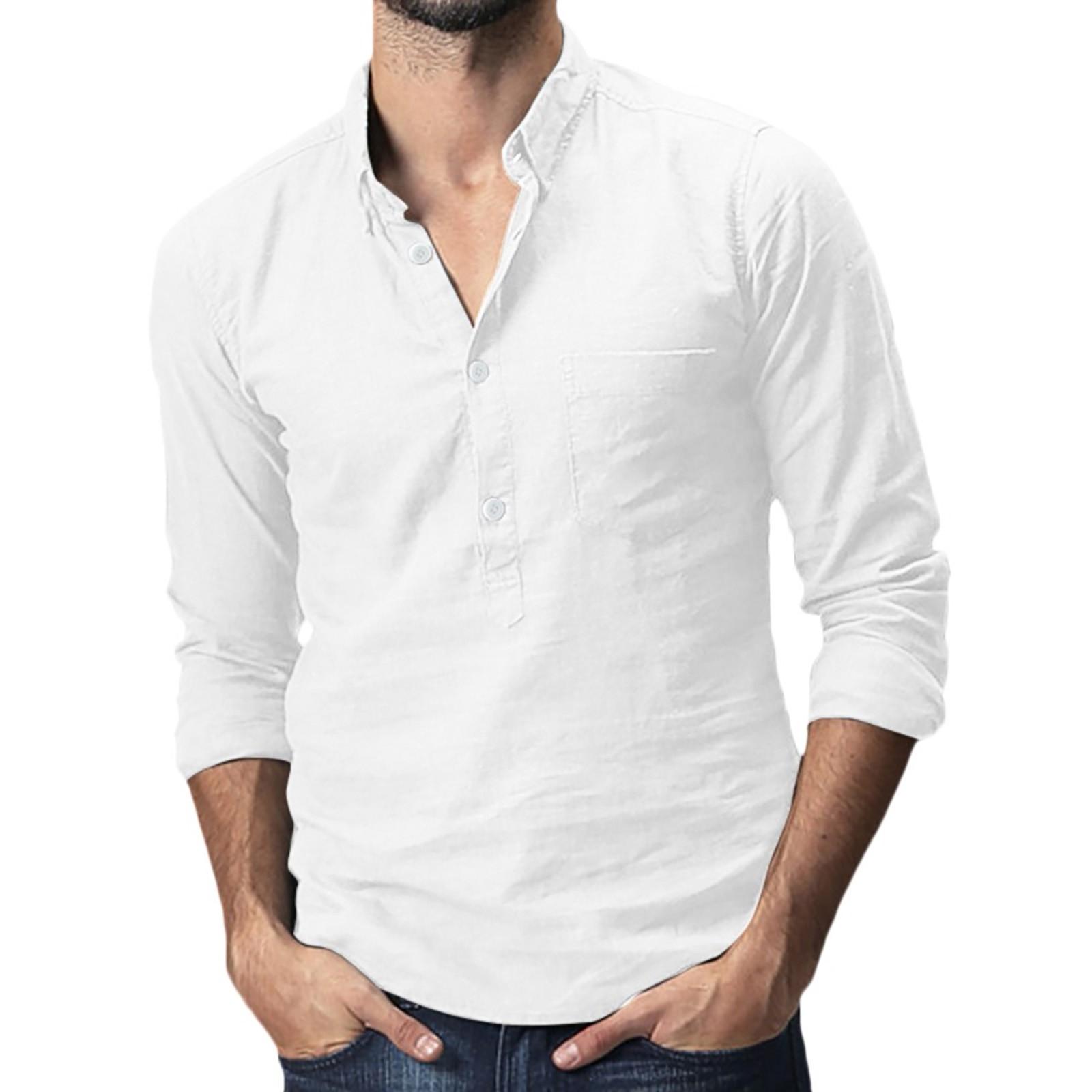 Men s Baggy Cotton Linen Pocket Long Sleeve Turn-down Collar T-Shirts Tops XXXL белый