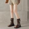 Krazing Pot Kravská kůže Čtvercová špička Zimní Střední podpatky Moderní Westernové boty Ženy Rockový styl Vintage Kovové zapínání Kotníkové boty