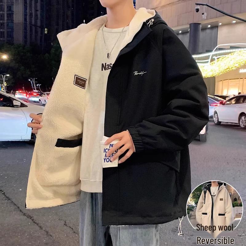 

Men s Double-Sided Lambswool Hooded Jacket - Autumn/Winter Velvet-Thickened Casual Coat L (Recommended 120-135 Jin)