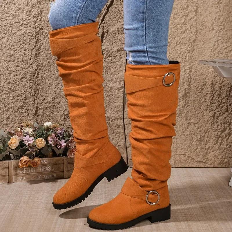 2024 Hot Sale Ladies Shoes Slip-on Women's Boots Fashion Belt Buckle Modern Boots Women New Plus Size Solid Knee-High Boots