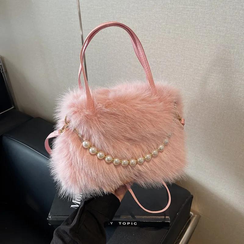 Pearl chain fur women's bag  crossbody bag  unique shoulder bag  elegant and fashionable  premium winter  new