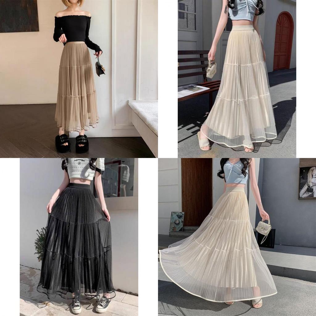 Gonna Lunga in Rete di Misto Cotone con Pieghe per l'Estate Casual da Donna