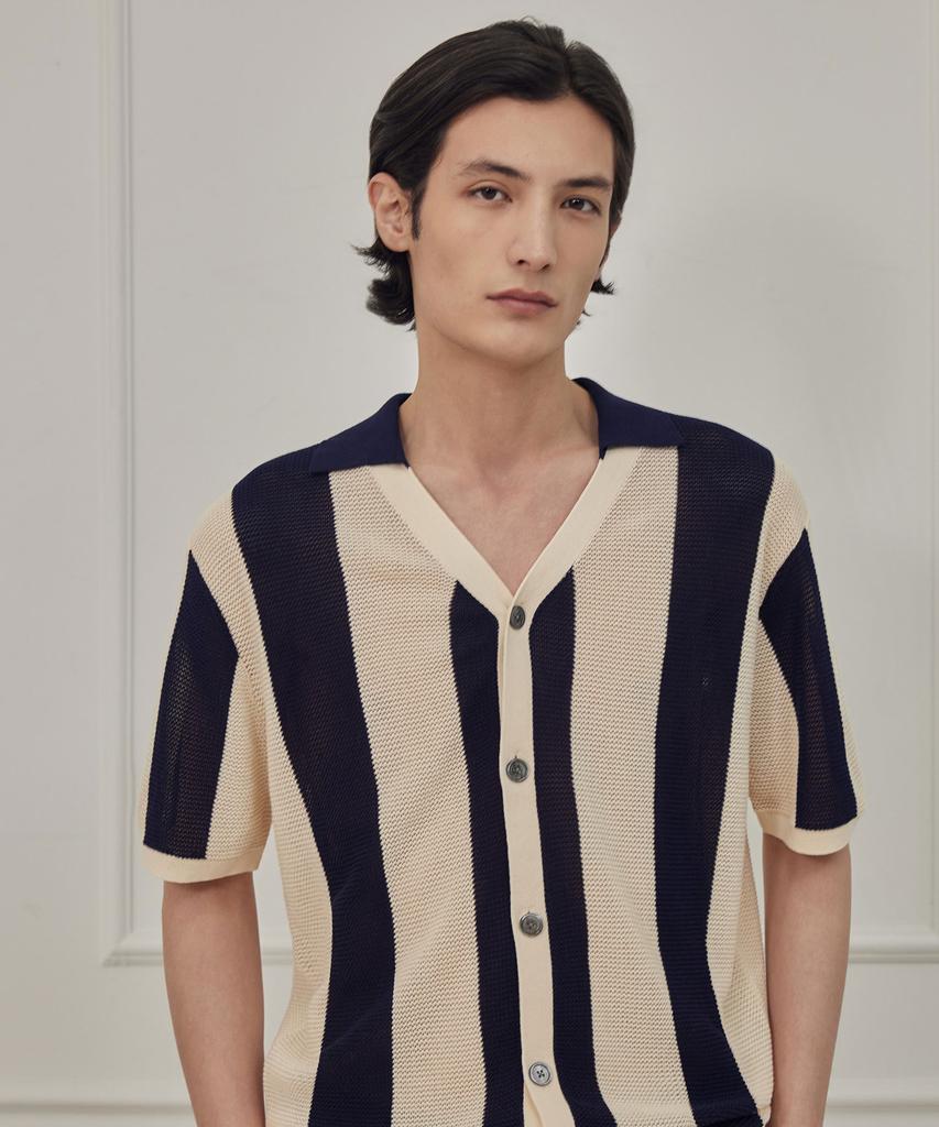 THEKNITCOMPANY Abyss Linen Striped Polo Cardigan - Eclipse Navy